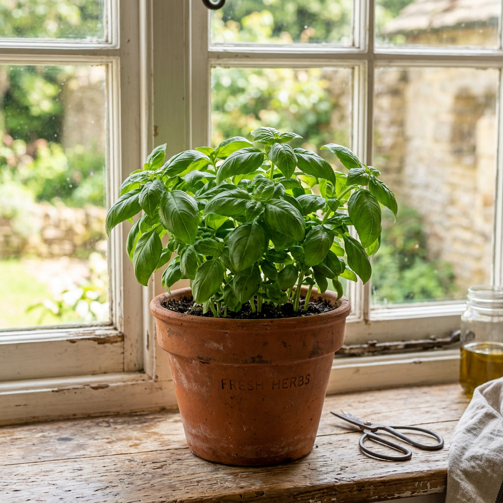 Basil plant in a terracotta pot labeled "FRESH HERBS" by a window